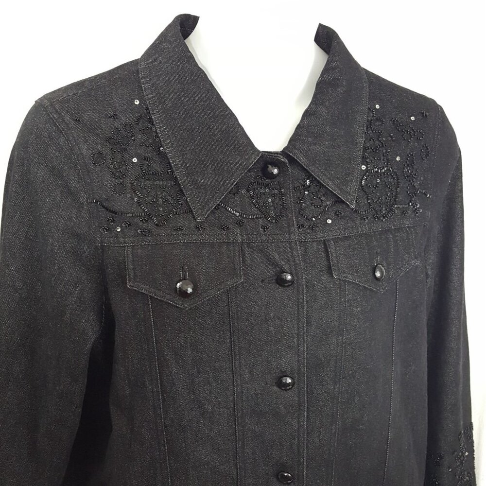 Dennis Basso Coat Denim Jean Jacket Blazer Women Large Black Beaded Sequin Bling - Picture 2 of 8